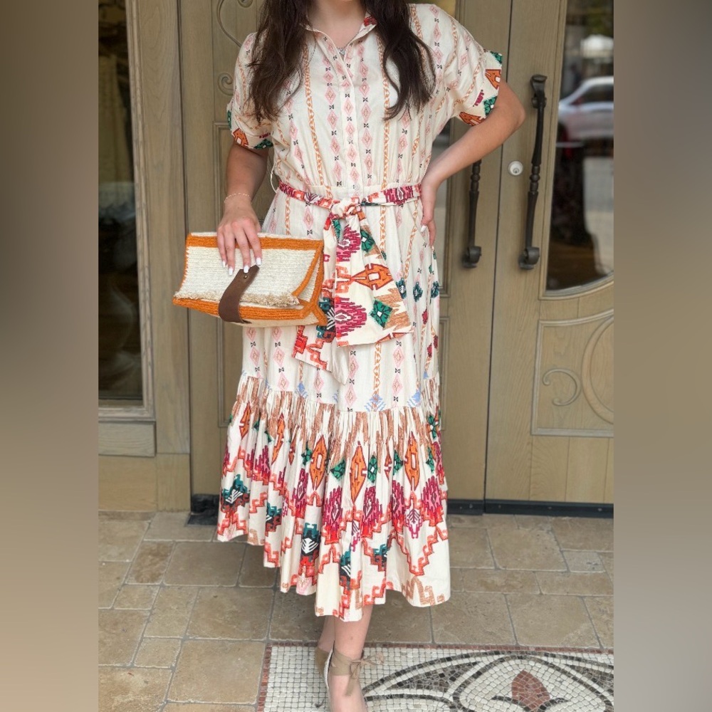 Cream and Red Patterned Midi Dress NWT SZ XS